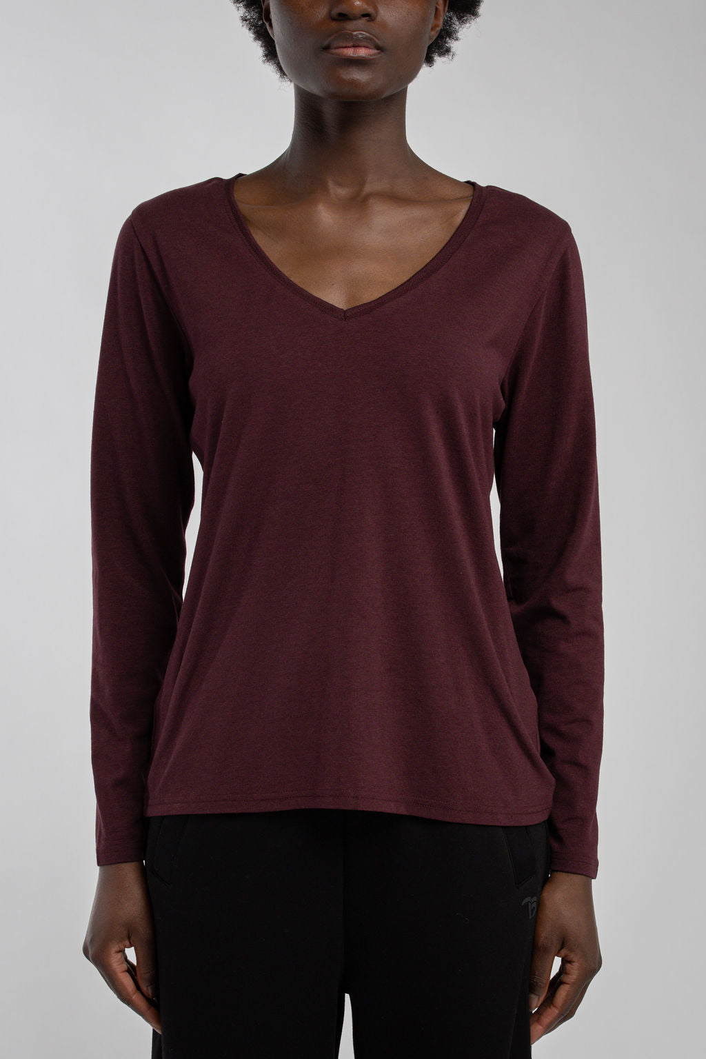 T-shirt col V près du corps T-MIANA ML BORDEAUX FONCE