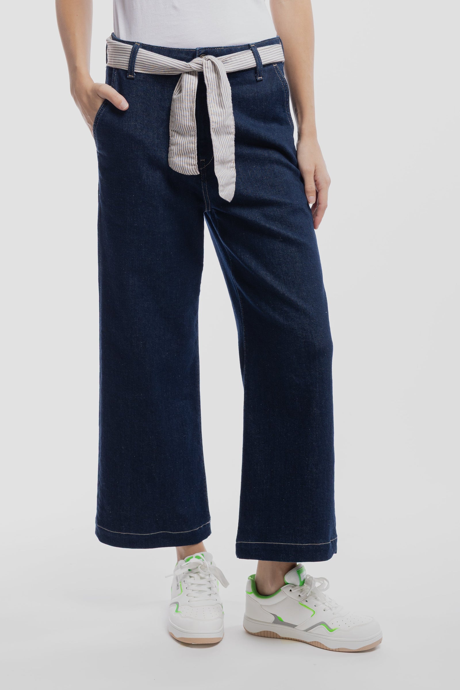 Jean large 7/8 ceinture tissu amovible P-LOUISA CROPPE DARK BLUE
