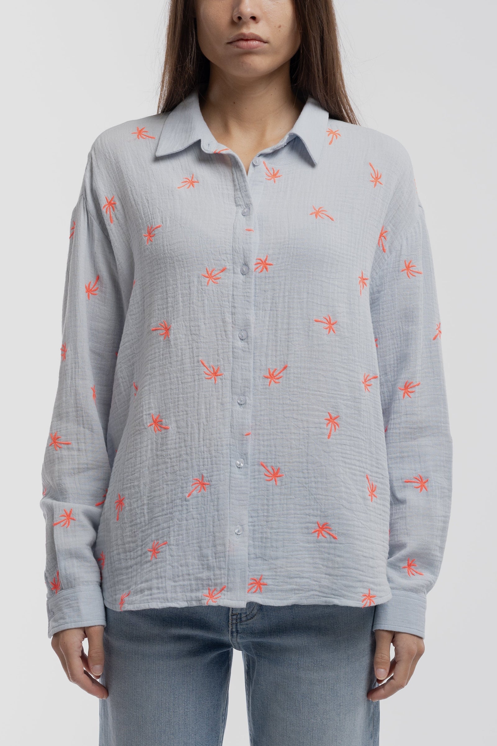 Chemise broderie petits palmiers C-LIVANA ML PASTEL BLUE