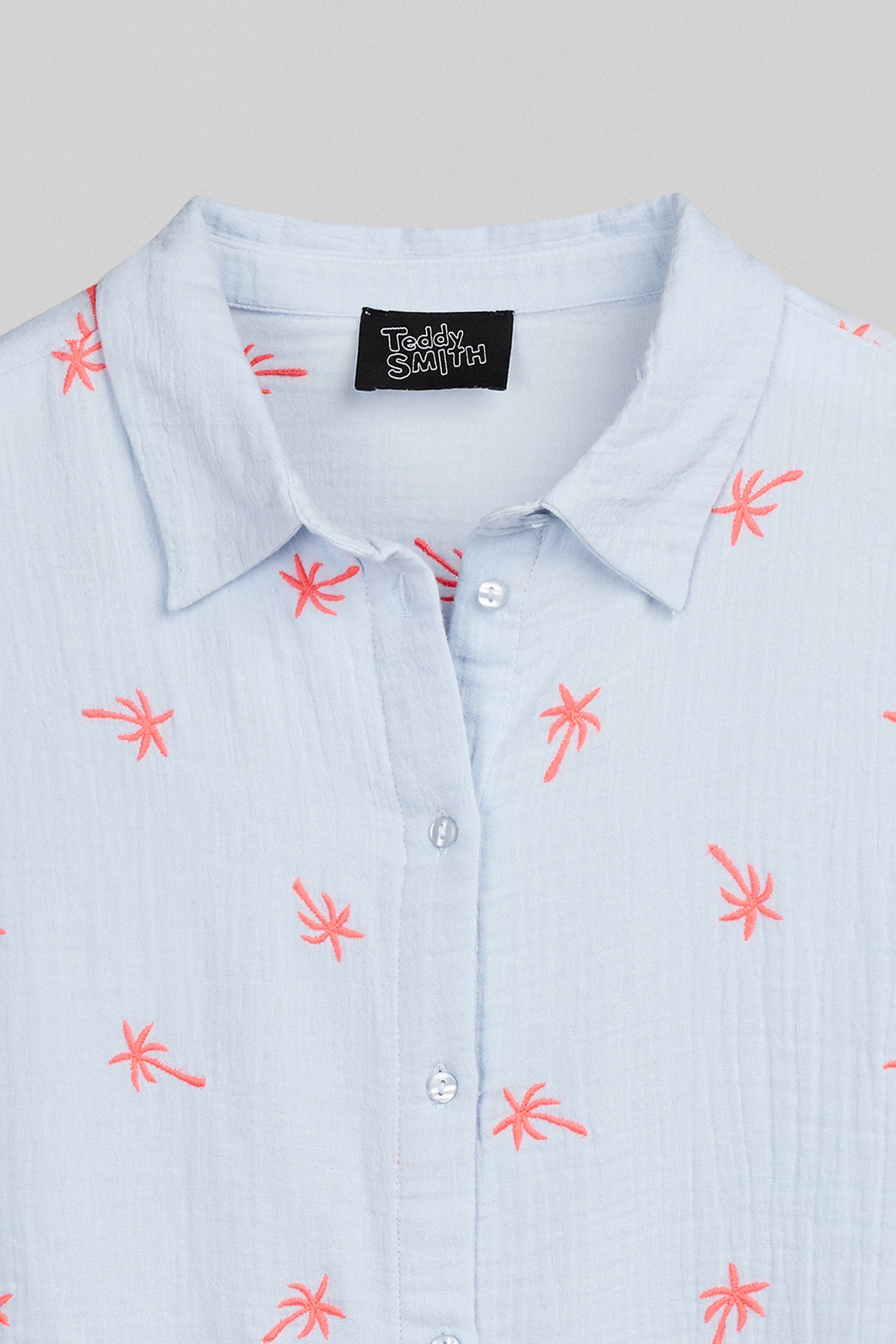 Chemise broderie petits palmiers C-LIVANA ML PASTEL BLUE