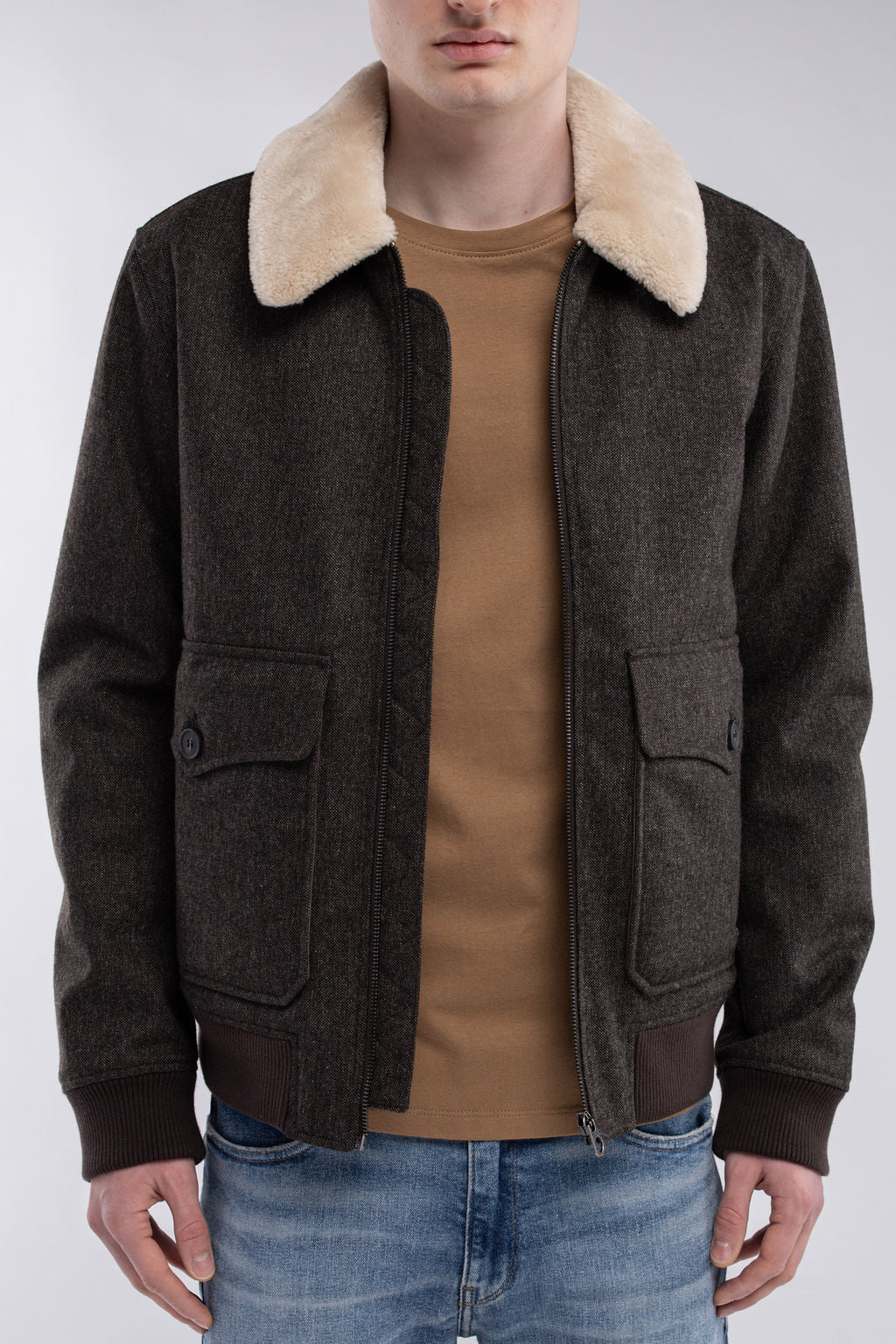 Blouson aviateur en lainage col sherpa B-MARTEN MARRON FONCE
