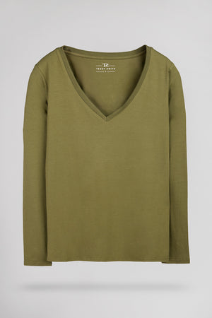T-shirt col V près du corps T-MIANA ML OLIVE
