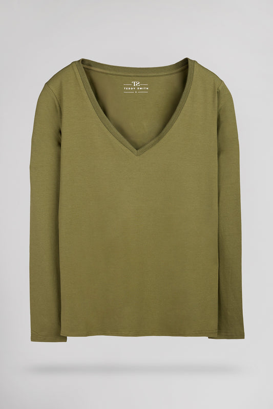 Achat T-shirt col V près du corps T-MIANA ML OLIVE