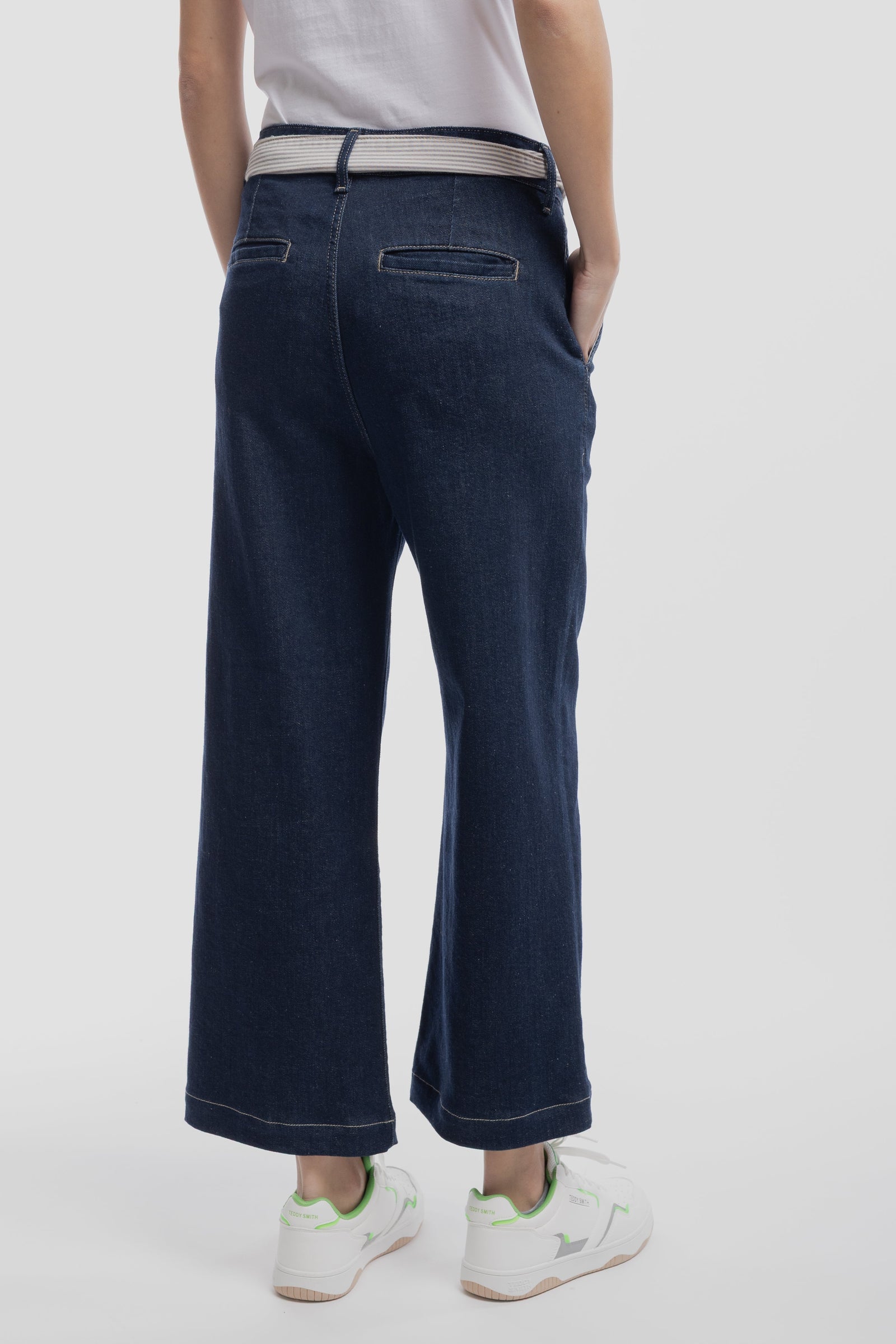 Jean large 7/8 ceinture tissu amovible P-LOUISA CROPPE DARK BLUE