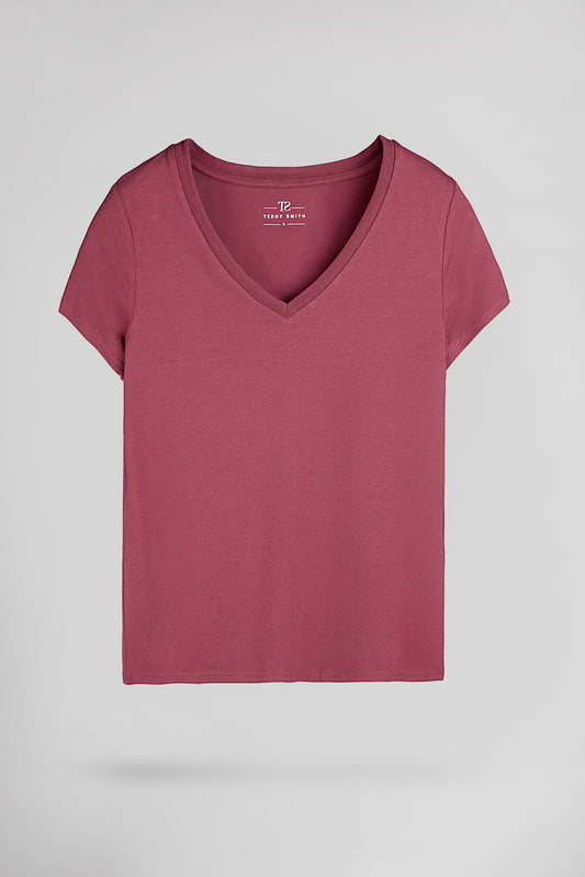 Achat T-shirt col V T-MIA MC FRAMBOISE FONCE - Teddy Smith