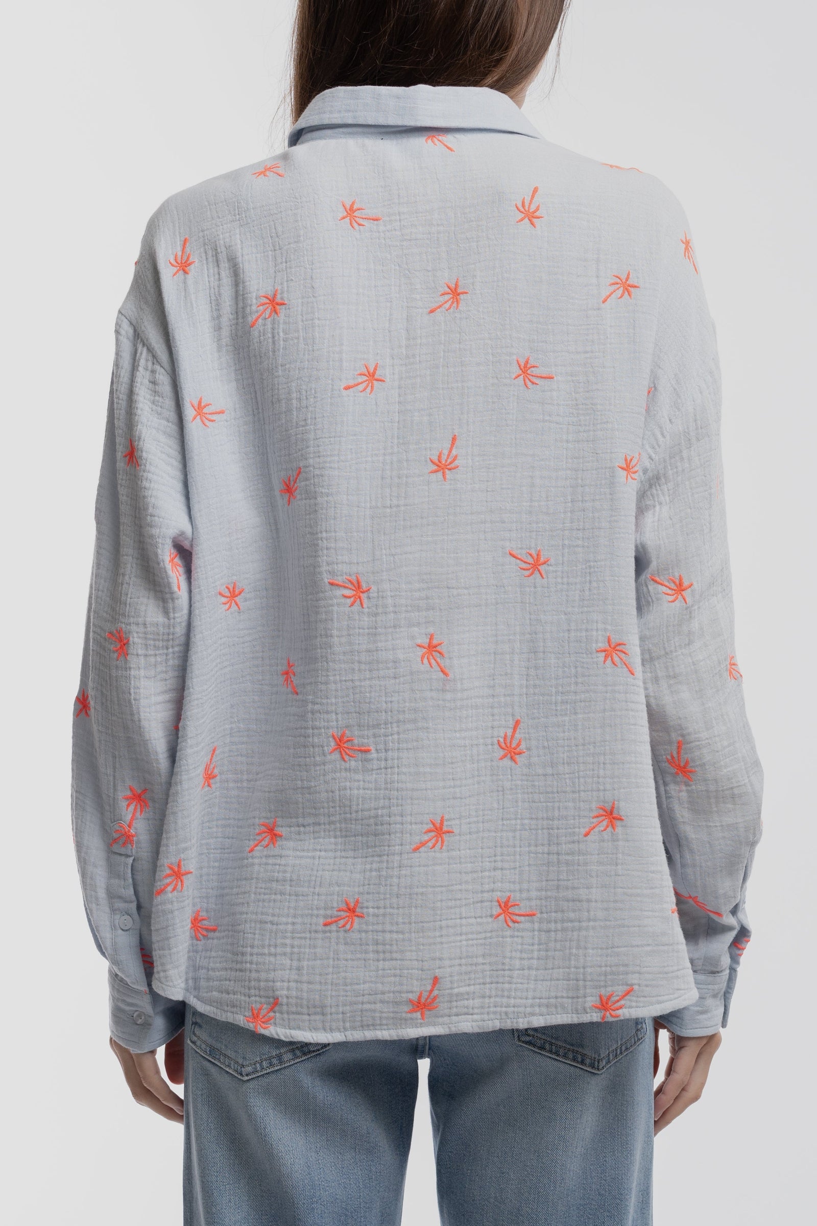 Chemise broderie petits palmiers C-LIVANA ML PASTEL BLUE