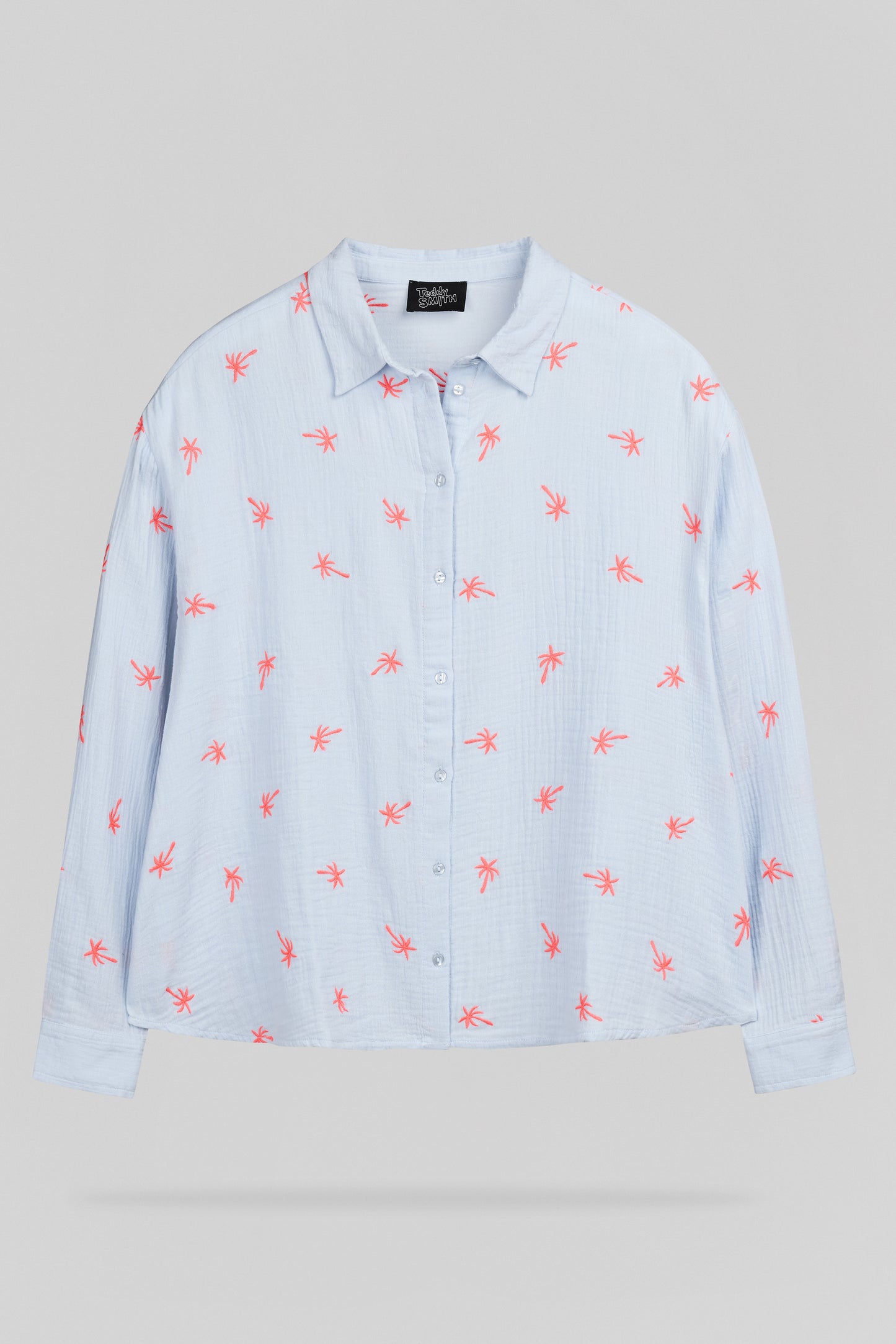 Chemise broderie petits palmiers C-LIVANA ML PASTEL BLUE