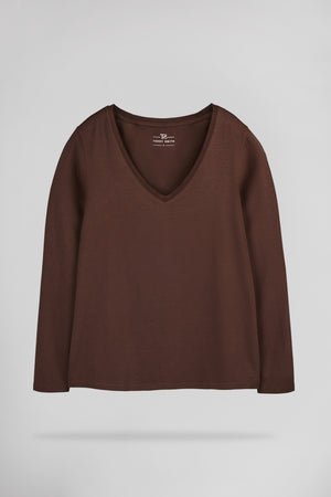 T-shirt col V près du corps T-MIANA ML CHOCOLAT