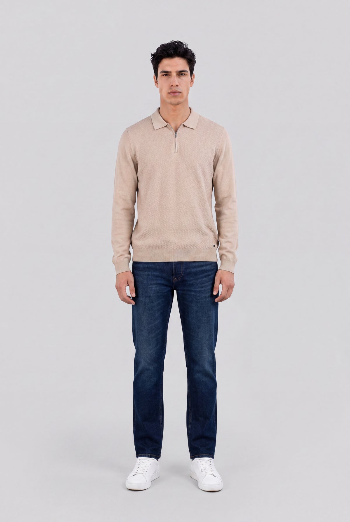Polo jacquard col zippé P-LYNN ML BEIGE LIN - Teddy Smith