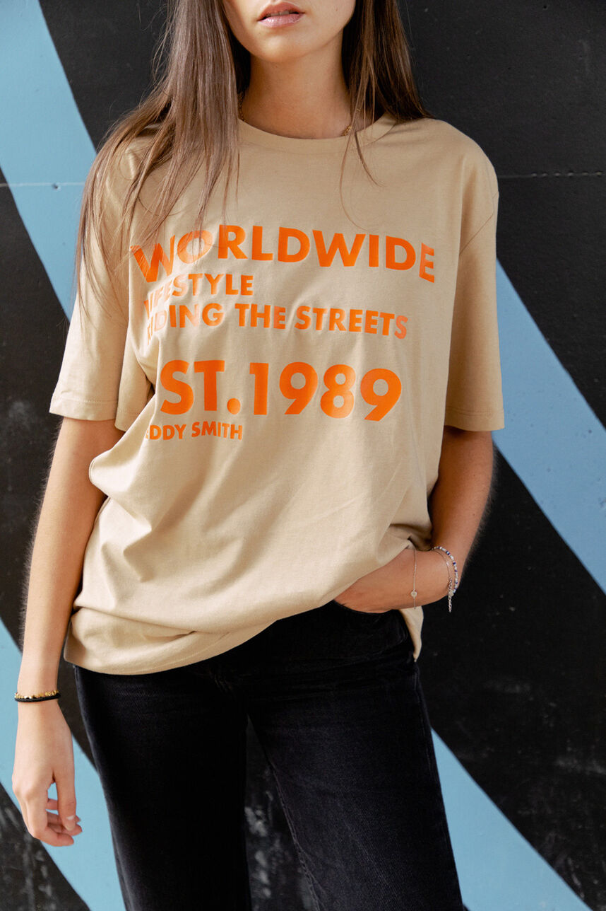 T-shirt imprimé - T-WORLD MC, BEIGE CAMEL, large